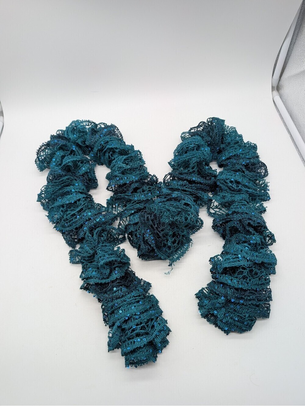 Handmade Teal Sequined Ruffle Sashay Scarf | Peacock Blue Frilly Sparkle Boho